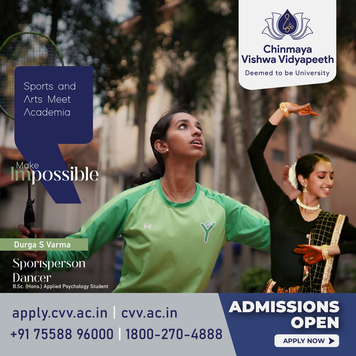 Chinmaya_VV's tweet image. Durga S Varma, a talented sports person and dancer, chose Chinmaya Vishwa Vidyapeeth Deemed to be University to pursue her passion alongside academics. 
Apply Now: rb.gy/dn9bp4