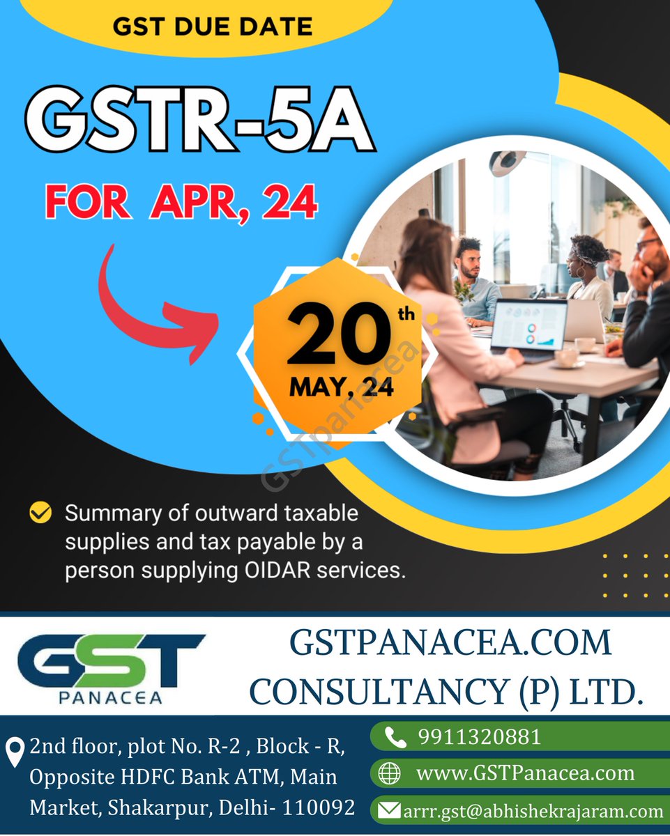 GST Due Date Reminder
GSTR-5A
For,Apr,24

 #GSTDueDate #GSTR5A #TaxFiling #BusinessCompliance