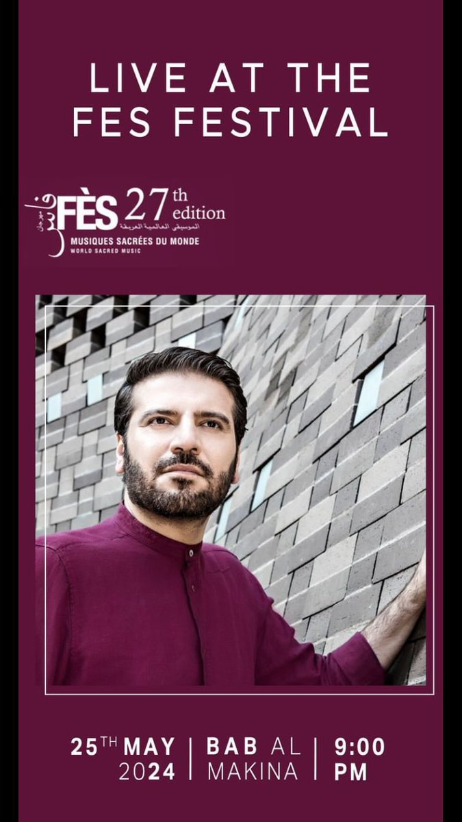 //NEXT SATURDAY!! @SamiYusuf performing live this year at the Fes Festival of World Sacred Music Morocco, GET NOW YOUR TICKETS or UNTIL SOLD OUT! (sy.lnk.to/Fes-Festival)

#samiyusuf #spiritique #mystique #musictwt #musiccommunity #whenpathsmeet #WPMMorocco #whenpathsmeetmorocco