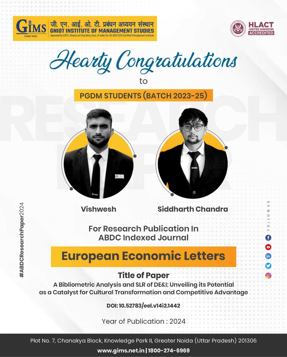 #GIMS congratulates #PGDM students Vishwesh & Siddharth Chandra (2023-25) for publishing a research paper in an ABDC journal. Their work on DE&I marks a significant academic achievement. Well done! #GNIOT