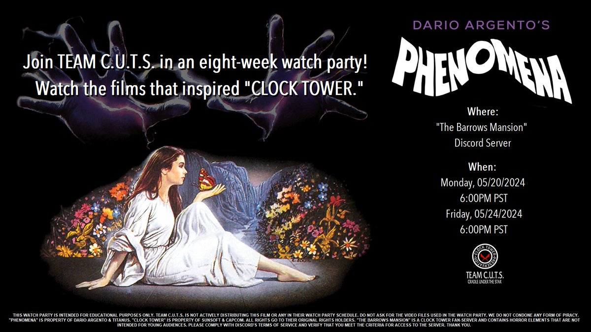 We're hosting an eight-week watch party in our Discord server!
Watch the films that inspired 'CLOCK TOWER'
The first film will be Dario Argento's 'PHENOMENA' (110-minute version)
Link in bio & in the replies
#phenomena #clocktower #movie #horrorcommunity #watchparty #darioargento
