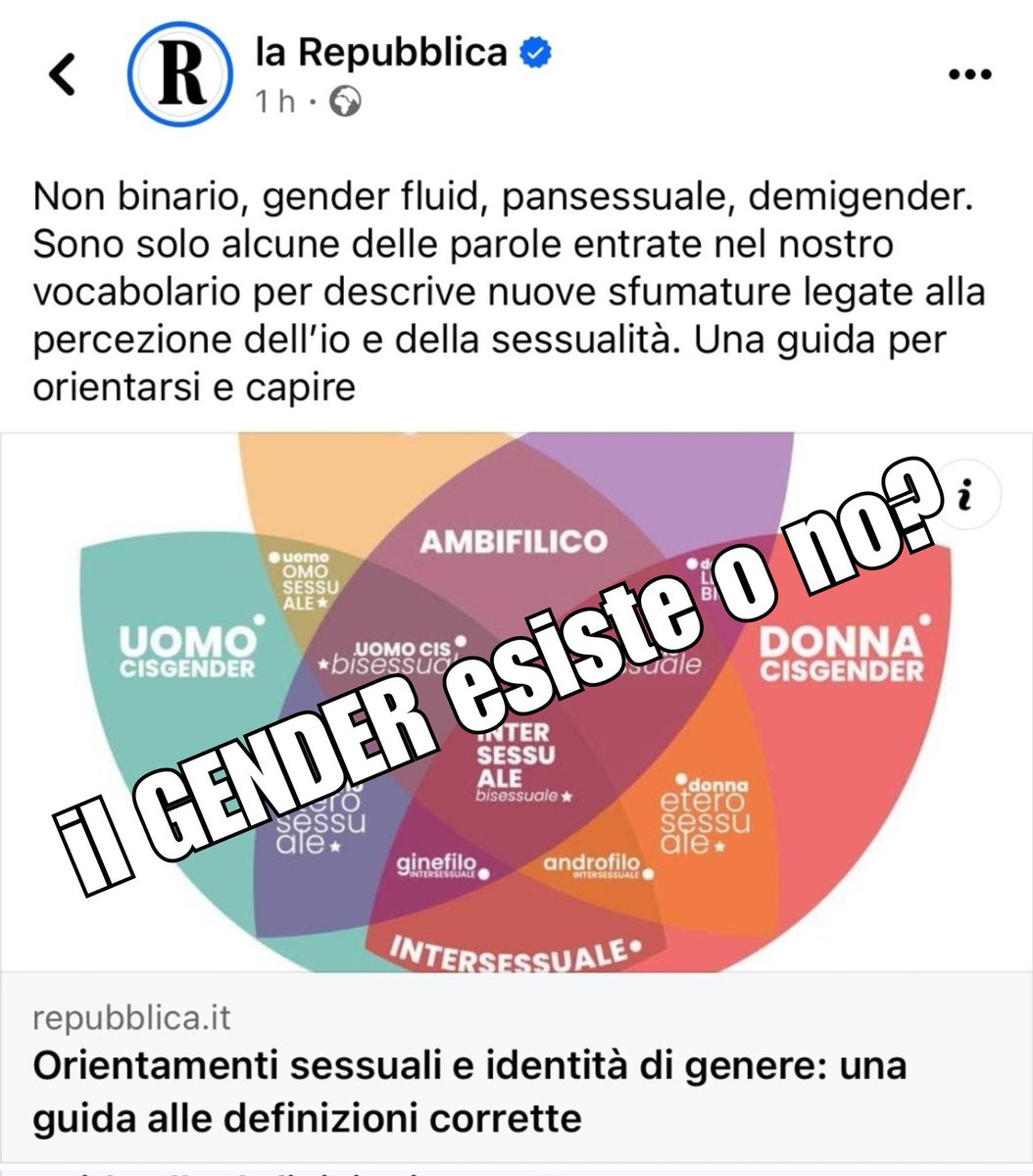 Secondo quelli che 'il #gender non esisteh' servirebbe una guida per orientarsi a capire tra non binario, gender fluid, pansessuale etc. Il tutto con l'obbiettivo di confondere l'identità sessuale dei nostri figli. Siamo maschi o femmine. Il resto sono cretinate ideologiche.