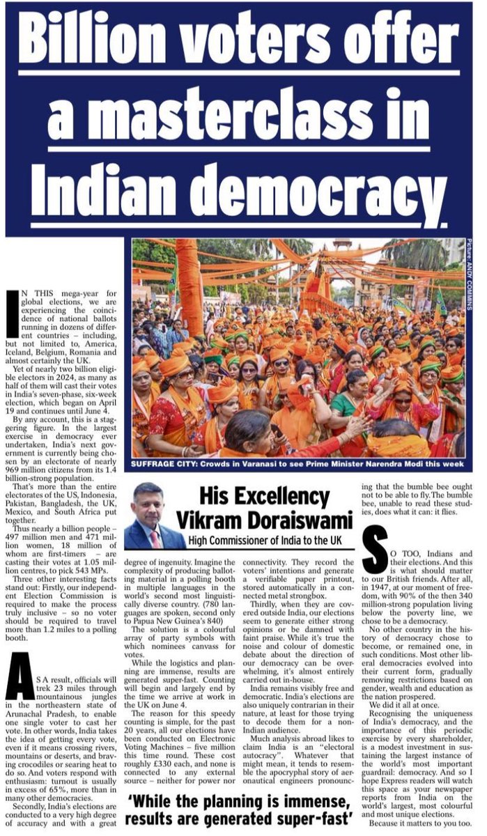 HC @VDoraiswami writes in @Daily_Express    

“Billion voters offer a masterclass in Indian democracy”. 

Please do read. #IndianElections 

@MEAIndia @IndianDiplomacy @sujitjoyghosh