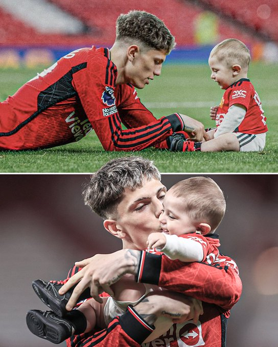 Alejandro Garnacho pasó un rato sobre el césped de Old Trafford con su hijo Enzo tras la victoria del Manchester United ante el Newcastle. [Ig: garnacho7] 👶❤️