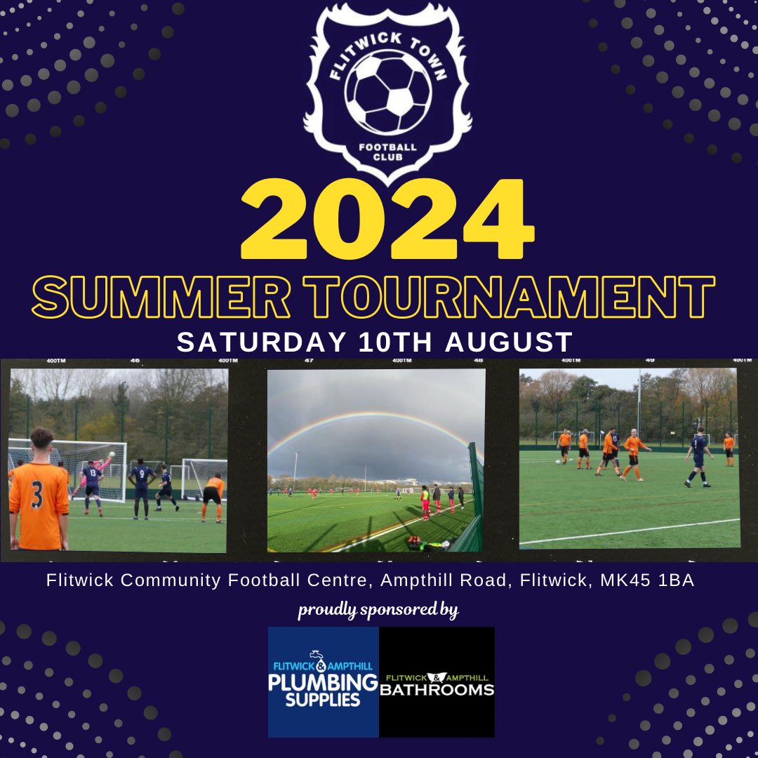 The Flitwick Town FC Summer Tournament is back💥 

Here’s how to get involved!

7️⃣ a side matches
🔟 players per squad
💯 pound entry 
🏟️ Flitwick Football Centre 
🌭 Food available all day
🍻 Bar open

Drop us a message if you would like to be involved!

<a href="/BedsFootballPod/">Wulfric of Beadanford</a>