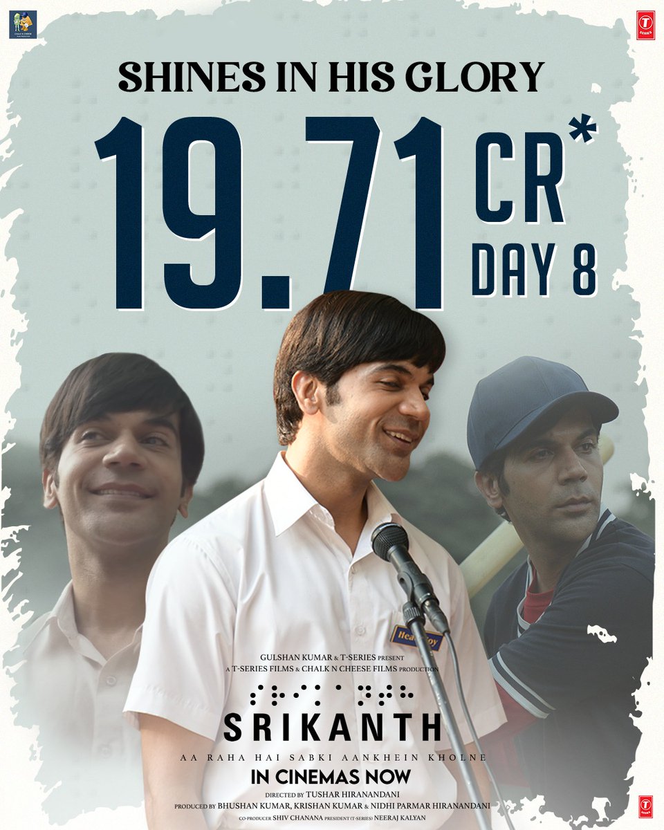 It’s a Friyaay for #Srikanth. Srikanth gains at the box office on its 2nd Friday, collects ₹ 19.71 CR in 8 days. With shower of love and appreciation by the movie lovers, the film continues its upwards momentum to be the standout successes of 2024, Director #TusharHiranandani,