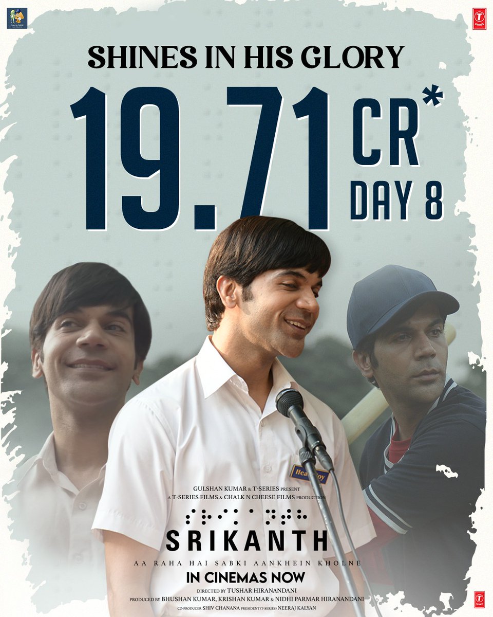 It’s a Friyaay for #Srikanth.

Srikanth gains at the box office on its 2nd Friday, collects ₹ 19.71 CR in 8 days. With shower of love and appreciation by the movie lovers, the film continues its upwards momentum to be the standout successes of 2024,

Director #TusharHiranandani,