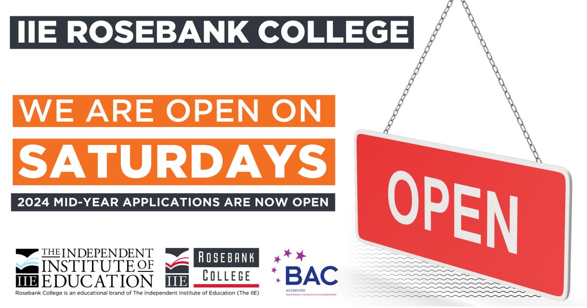 RosebankRC's tweet image. Visit our campuses on Saturdays from 8 a.m. to 1 p.m. to apply for 2024 mid-year studies at IIE Rosebank College.

#iierosebankcollege #2024Mid-Year #applicationopen #applytoday #2025applicationopen