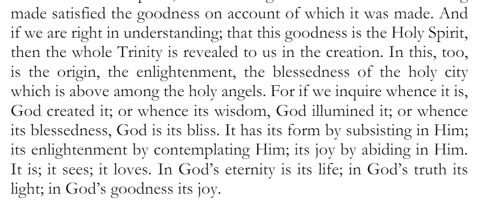 Beautiful passage from Augustine's City of God on the presence of the Holy Spirit in the heavenly city.