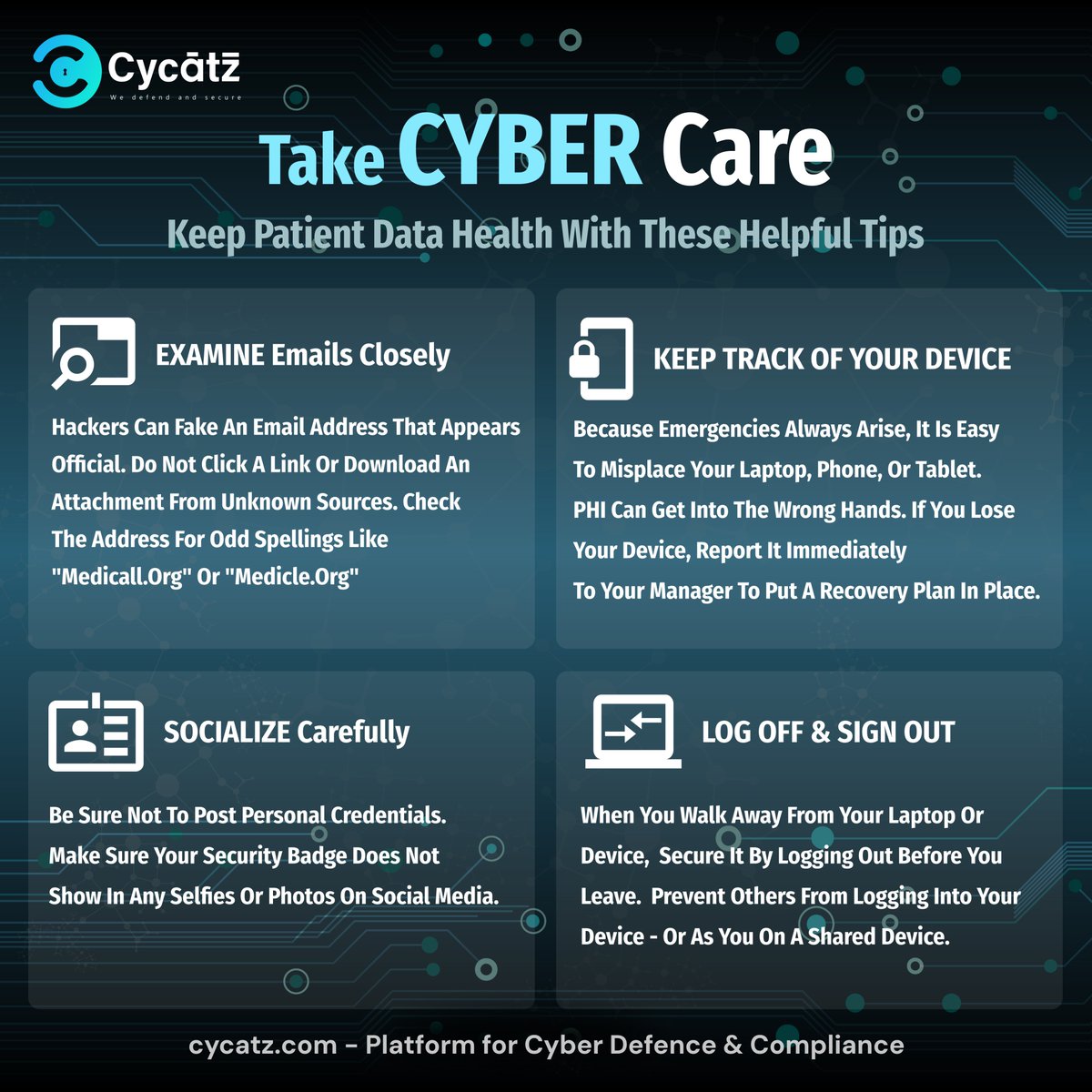 #CyCatz #Cybersecurity Take Cyber Care Keep Patient Data Health With these helpful Tips

#cyberawareness #cyberattack #databreaches #cybercrime #darkwebmonitoring #SurfaceWebMonitoring #mobilesecurity #emailsecurity #vendorriskmanagement #BrandMonitoring #cyber #care #tips