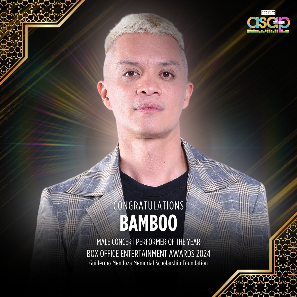 🎸 Congratulations to Bamboo, the Male Concert Performer of the Year, for "Sarah G x Bamboo” at the Box Office Entertainment Awards by the Guillermo Mendoza Memorial Scholarship Foundation! We are proud of you!