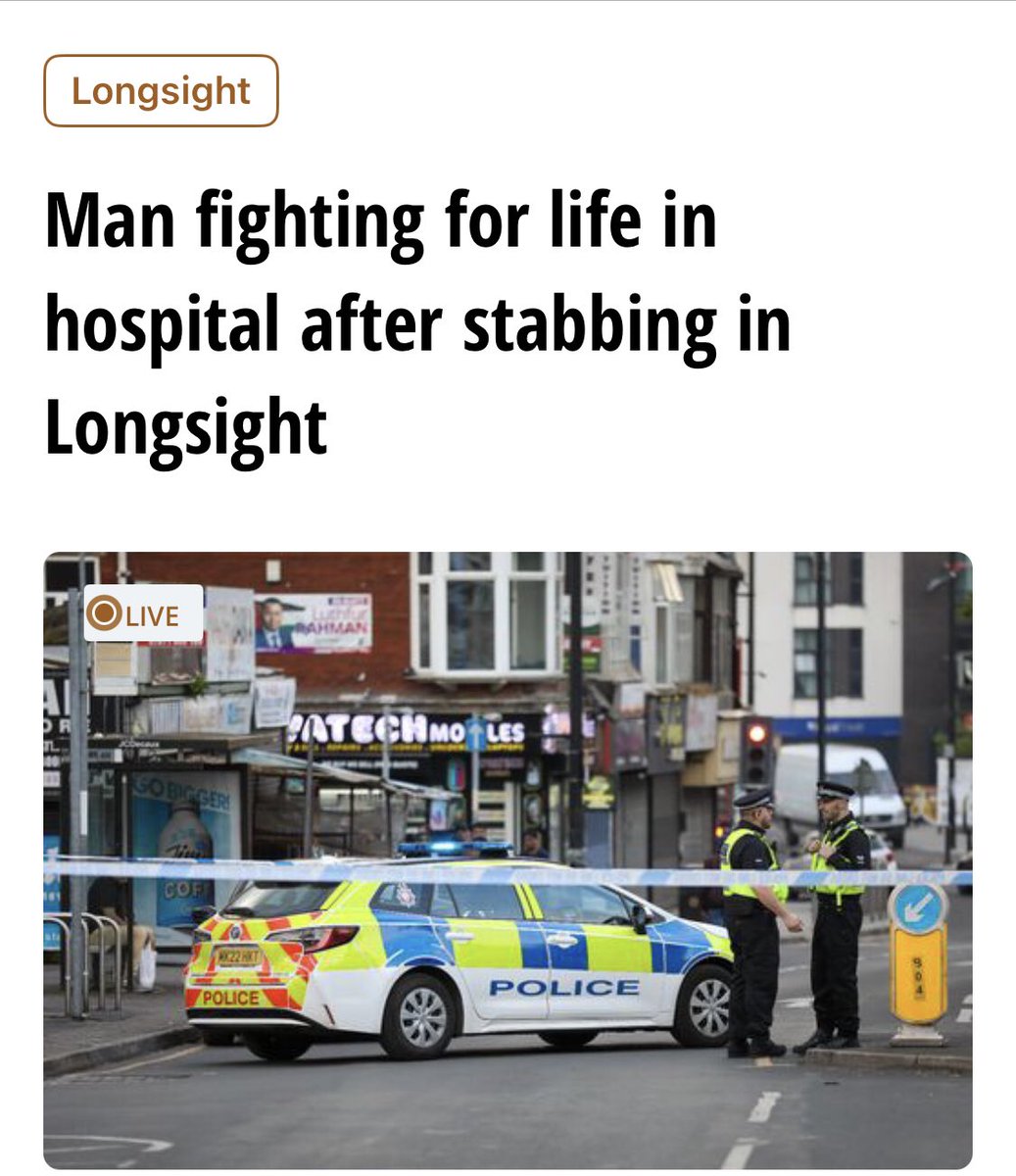 ATTEMPTED MURDER IN LONGSIGHT A man in his 20’s is fighting for his life after he was knifed on Slade Lane on Friday evening. A man in his 50’s has been arrested on suspicion of attempted murder and is currently in custody Multi Culti Longsight is VILE #BrokenBritain