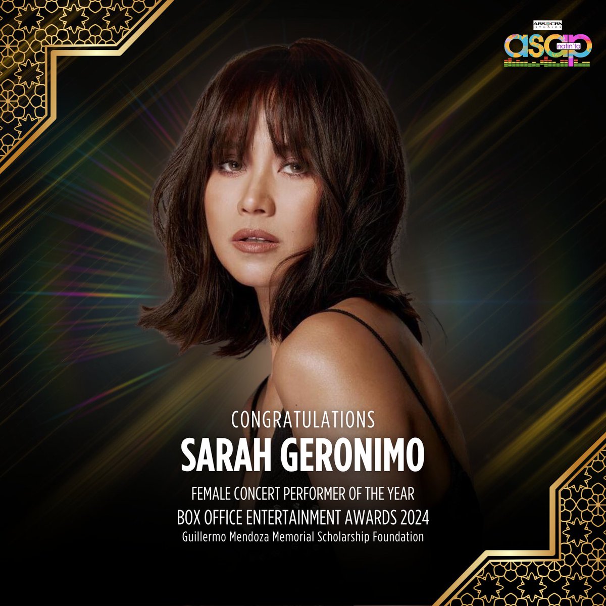 🌟 Congratulations to Sarah Geronimo for being named Female Concert Performer of the Year for 'Sarah G x Bamboo' at the Box Office Entertainment Awards by the Guillermo Mendoza Memorial Scholarship Foundation! We are proud of you!