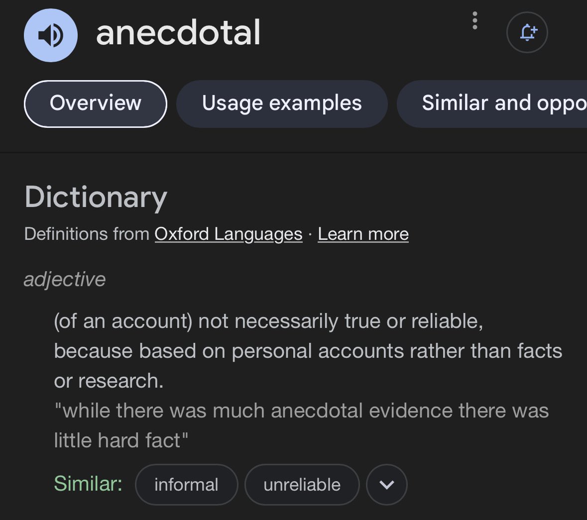 @CLIFFMOSKOWITZ Let's review the meaing anecdotal. @CLIFFMOSKOWITZ you might review b/c it's not the definition you cited. Also, @moshymiss isn't providing anecdotes.