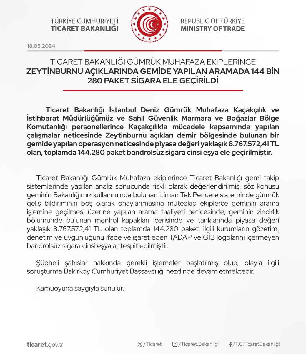 Ticaret Bakanlığı Gümrük Muhafaza Ekiplerince Zeytinburnu Açıklarında Gemide Yapılan Aramada 144 Bin 280 Paket Sigara Ele Geçirildi (18.05.2024)