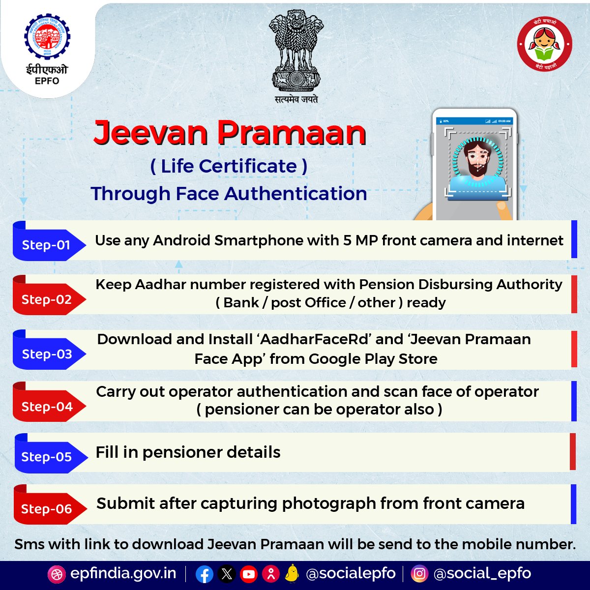 Is your life certificate expiring soon?
Don't worry. Submit it digitally sitting at home anytime in a few easy steps.

#DigitalServices #LifeCertificate #JeevanPramaan #Pensioners #EPFO #EPF #EPS #HumHaiNa #EPFOwithYou #पीएफ #ईपीएफ #ईपीएफओ