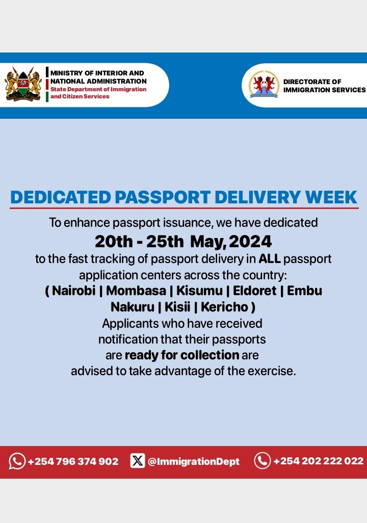To enhance passport issuance, we've dedicated 20th - 25th May,2024 to the fast tracking of passport delivery in ALL passport application centers across the country.