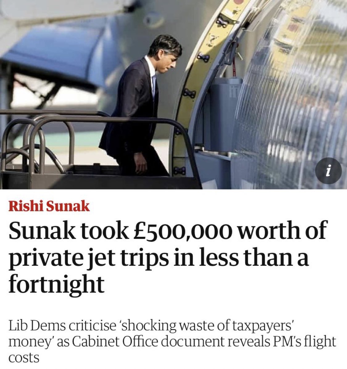 “We must reduce our emissions.” ~ Rishi Sunak In 2022, Rishi Sunak took private jet trips in just over a week that cost almost £500,000 - paid by the taxpayer.