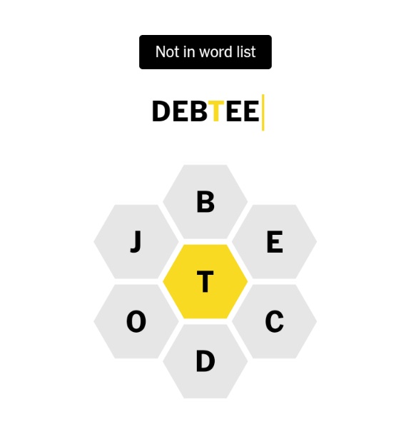 HessMatthias's tweet image. #debtee (n) one who is owed a debt
@NYTGames #SpellingBee #NotInWordList