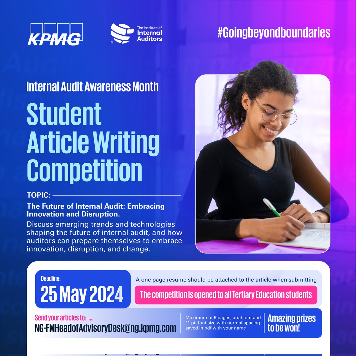 Thrilled to announce that submissions are now open for the Internal Audit Student Article Writing Competition. Deadline: 25 May 2024 Send your articles to the following email: NG-FMHeadofAdvisoryDesk@ng.kpmg.com Don't miss this chance to win exciting prizes. #InternalAudit