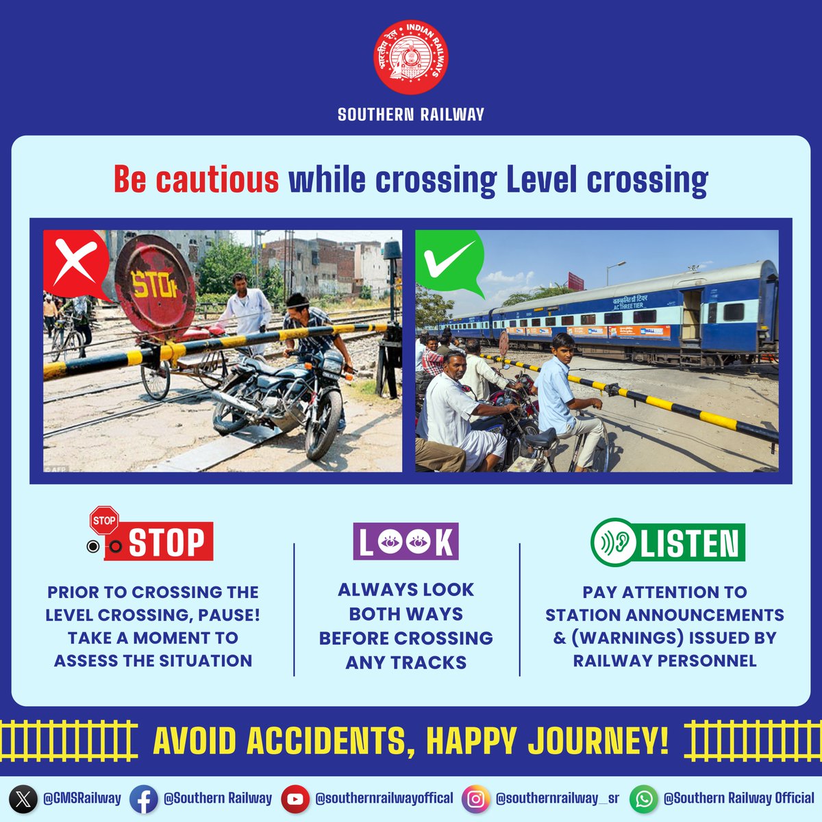 🚂 #SafetyFirst 🛑 

Before crossing the railway #track, take a moment to ensure your #safety. 

Pause, look around for approaching #trains, and listen for rail announcements. 

Your life matters, so let's make every #journey a safe one. 🚆💙 

#SouthernRailway #RailwaySafety
