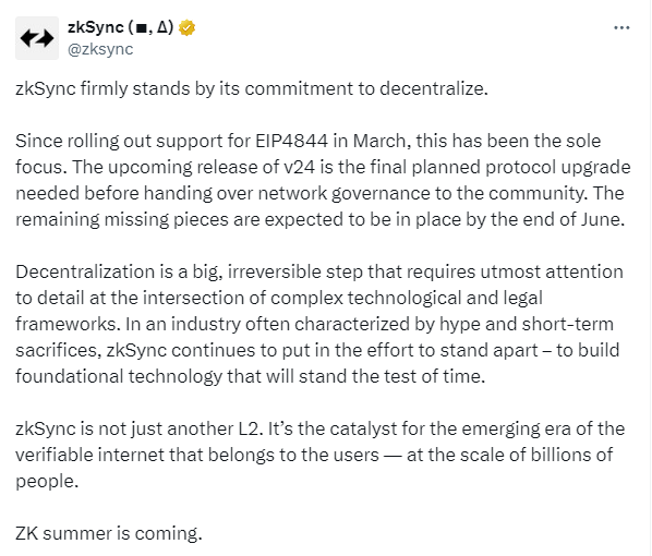 zkSync đã báo hiệu sự ra mắt của token ZKS vào tháng 6 Vậy là sau khi Blast công bố Airdrop token $BLAST vào ngày 26 tháng 6 thì zkSync cũng up mở việc ra mắt token $ZKS vào tháng 6. Theo bài đăng trên X, zkSync thông báo rằng, phiên bản v24 sắp tới là bản nâng