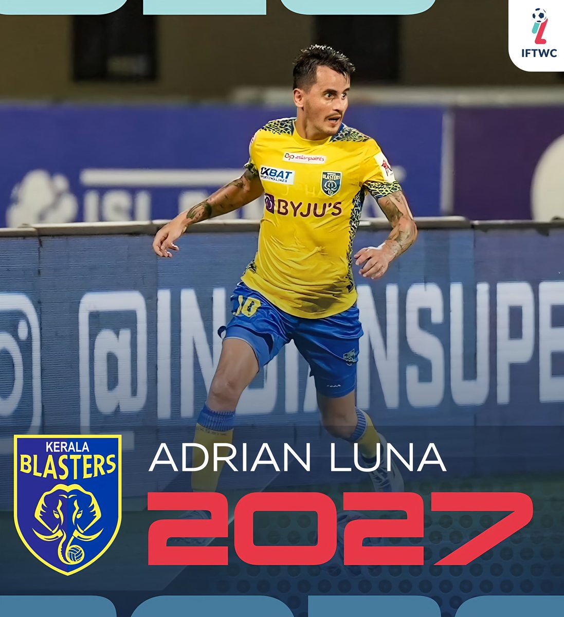 Captain and Magician Adrian Luna extends his contract with Kerala Blasters FC, that will keep him at the club till the end of 26/27 season! 💛 #KeralaBlasters #KBFC #Transfers #IFTWC