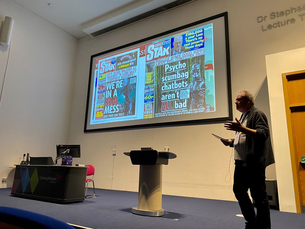 Opening keynote from our very own @billatnapier scaring us with AI current research and tools … citing the daily star … and where we might end up … #killswitchjobs