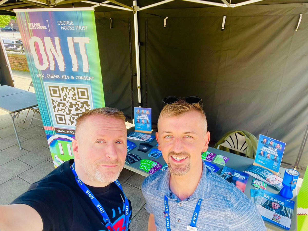 Two of my amazing team, Daniel and Grahame, are at @TraffordPride today in such a sunny day 🌞 📷 talking about our new @ThisIsSurvivors x @GeorgeHouseTrst collar #ONIT! Find out more at onit.org.uk and go say hello if you’re at Trafford Pride! #TrustWeAreONIT