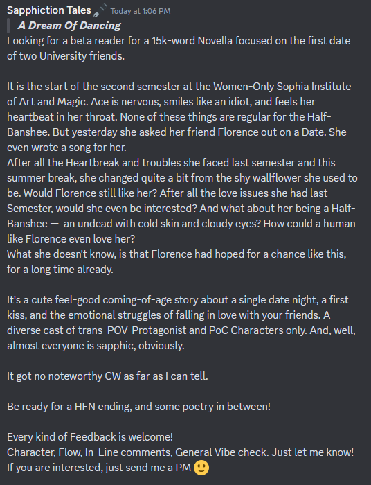 SkrivVener's tweet photo. Looking for a beta reader for a 15k-word Novella focused on the first date of two University friends.

It's a cute feel-good coming-of-age story about a single date night, a first kiss, and the emotional struggles of falling in love with your friends. <3 https://t.co/0J93uOnuoq