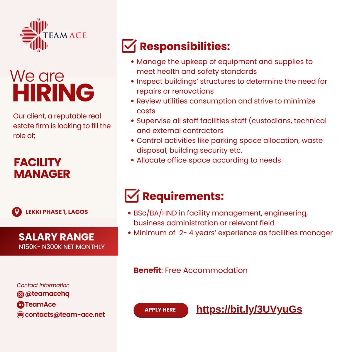 Job Opening! Qualified and Interested? Apply here👇🏽 bit.ly/3UVyuGs #facilitymanager #Topswap #hiringnow #jobopening #vacancy #saka