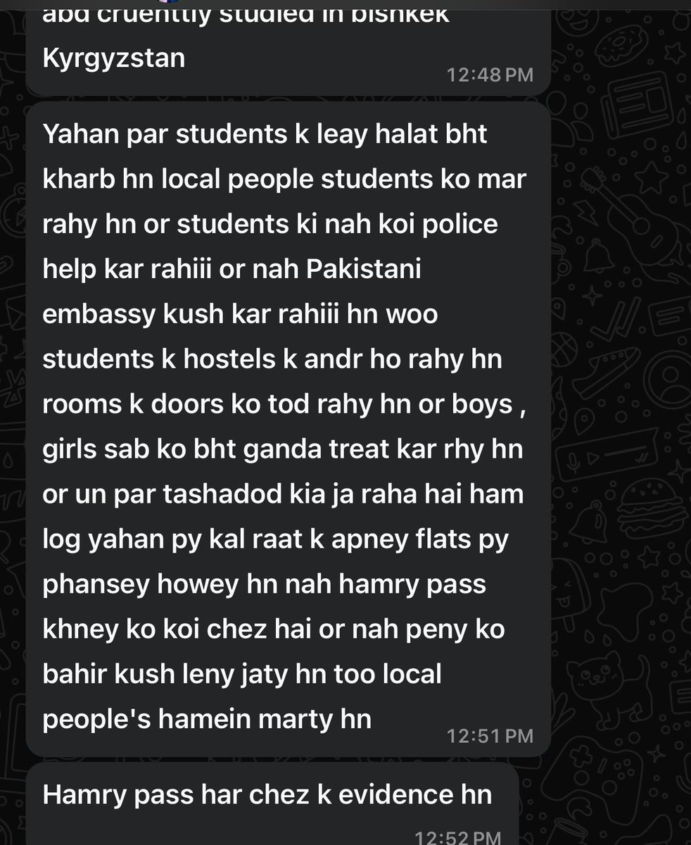 Just talked to Zeeshan Abbas medical student in Kyrgyzstan @PakinKyrgyzstan The situation is extremely grave and the inaction of authorities is detestable and shocking! Assault/ torture on int’l students. What has the embassy done apart from denying news??