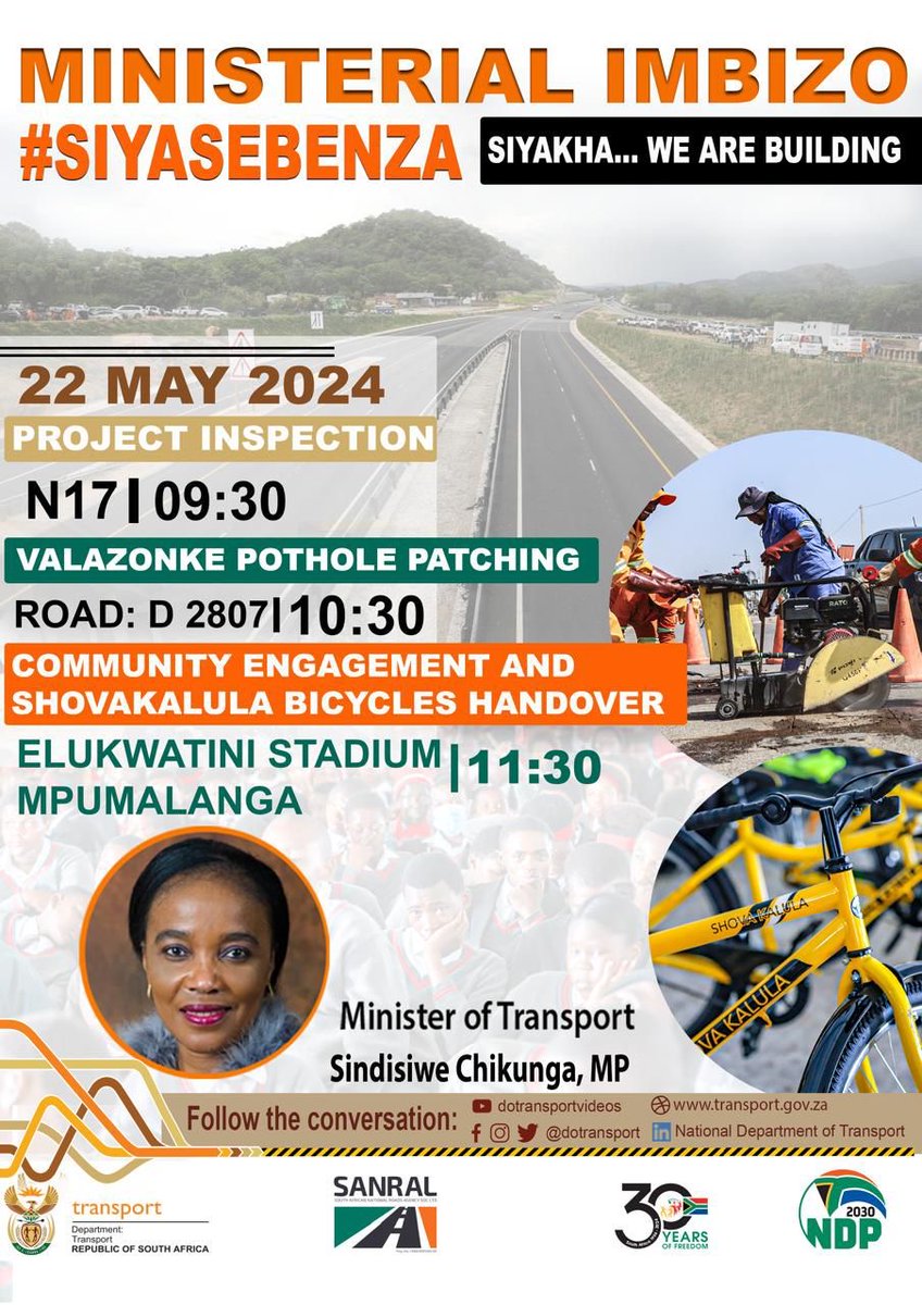 Join us as we continue Operation Siyakha with the Minister of Transport, Sindisiwe Chikunga. 🗓 22 May 2024 ⏱ 09:30 📍Elukwatini Stadium, Mpumalanga #Siyasebenza #SANRAL #Roads