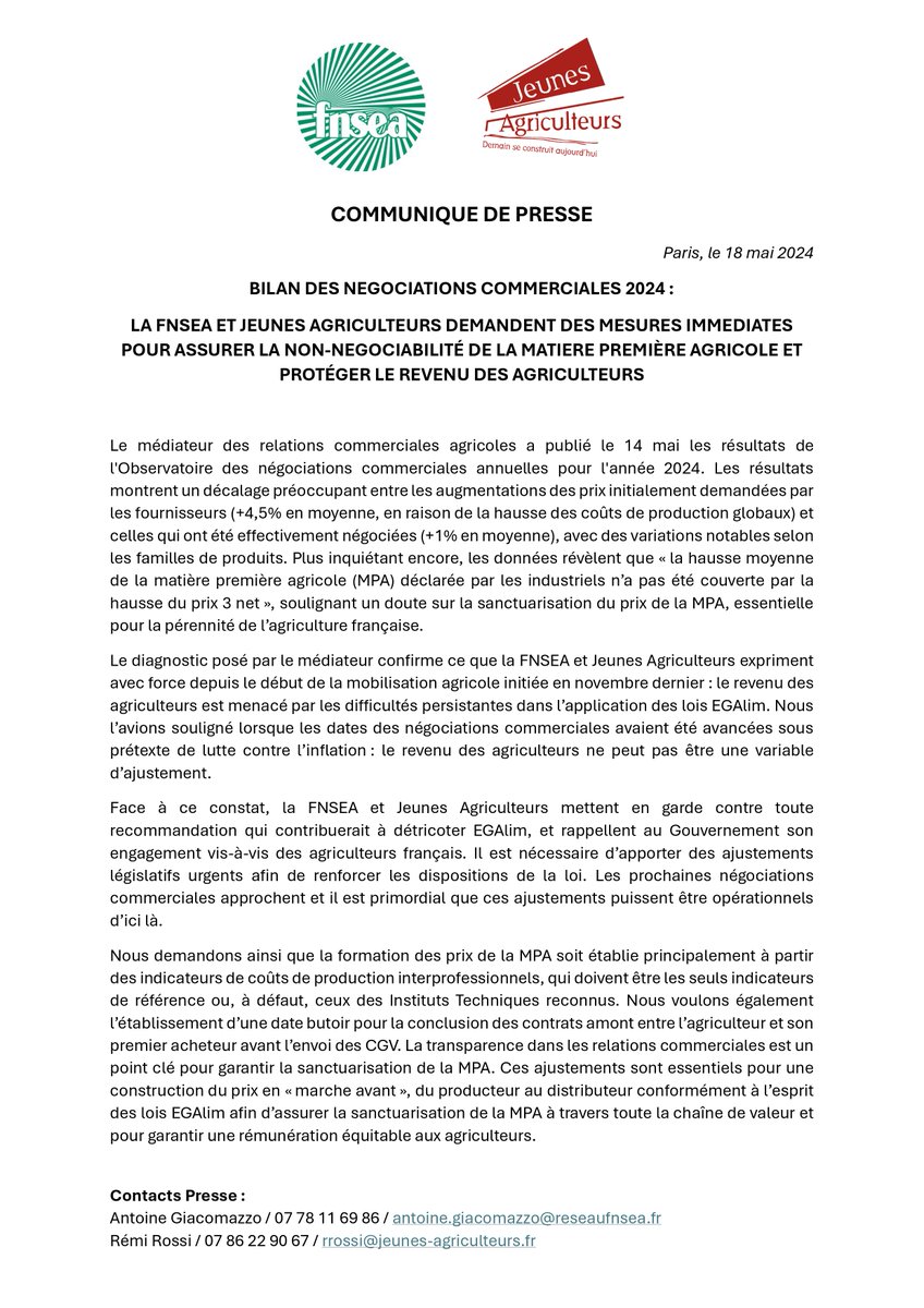 🗞️ Communiqué | #NégociationsCommerciales 2024 : #FNSEA et <a href="/JeunesAgri/">Jeunes Agriculteurs</a> demandent des mesures immédiates pour assurer la non-négociabilité de la matière première agricole et protéger le revenu des agriculteurs.
"Le revenu des agriculteurs ne peut pas être une variable