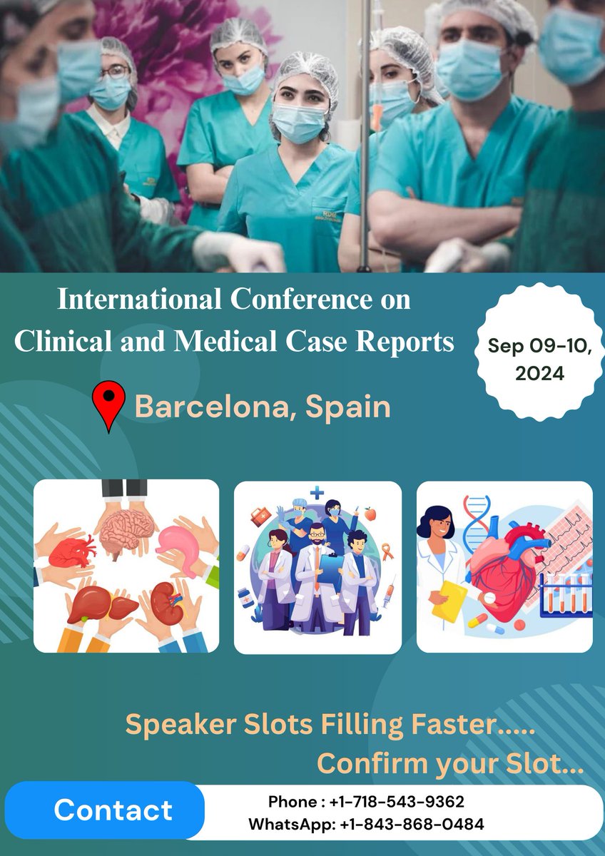 International Conference on Clinical and Medical Case Reports #BarcelonaAirportHotel, Barcelona, Spain Abstract Submission link crgconferences.com/casereports/ab… #surgery #Dentistry #Oncology #Cancer #Genetics #Neurology #Pathology