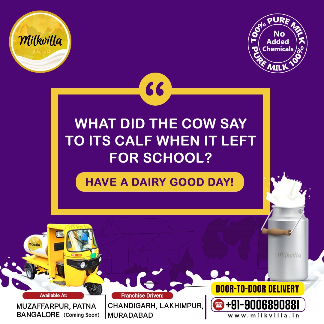 Sure! Here's a fun and engaging social media caption for MilkVilla:
'📷📷 When the cow said goodbye to its calf on the first day of school, it mooed, 'Have a dairy good day!' 📷📷

#MilkVilla #FarmToFork #LocalFarmers #PureGoodness #PureMilk #nochemicalsadded #doortodoordelivery