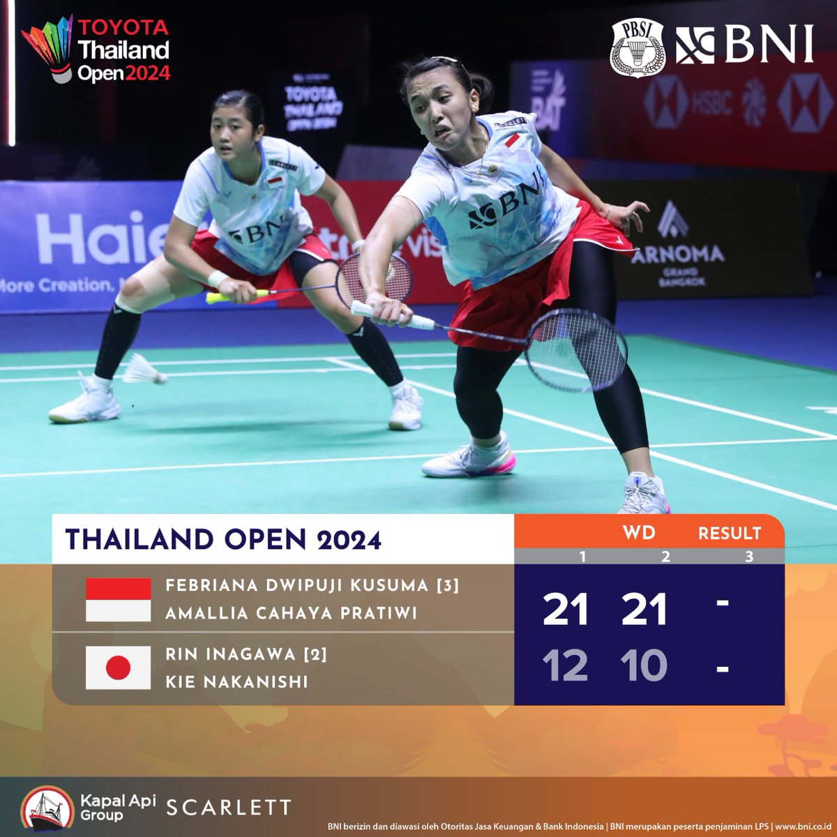 Ana/Tiwi berhasil menaklukan wakil Jepang, Rin Iwanaga/Kie Nakanishi dua gim langsung. 

Hasil ini membawa Ana/Tiwi melaju ke final Thailand Open 2024. 

Gas terus Ana/Tiwi! 💯🔥🇮🇩

#ThailandOpen2024
#KitaIndonesia
#BadmintonIndonesia #MenjagaMerahPutih