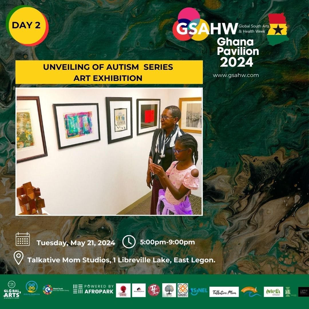 Day 2 of the GSAHW Ghana Pavilion 2024 celebrations continue with AN AUTISM WORKSHOP AND THE UNVEILING OF OUR AUTISM ART SERIES.

Attendance is FREE but REGISTRATION IS REQUIRED: bit.ly/RegisterGSAHW2…

#GSAHW2024 #GhanaPav2024 #ArtsandHealth #ArtsinMedicine