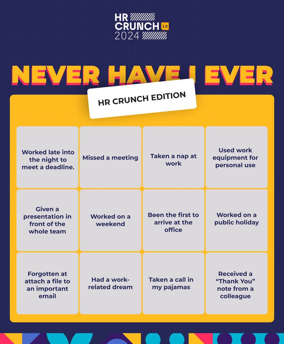 Never have I ever? Let’s go 💪💪

You start with 100 points. Miss a game, lose 10 points. 

How many points will you have? 

Don’t miss out on HR Crunch 1.0. 
Click the link to register

tix.africa/discover/hrcru…

 #HRCrunch1.0 #neverhaveiever #futureofwork