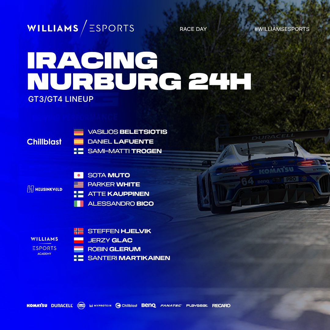 Just 30 minutes ⏰ The team is stacked! Our GT3/GT4 lineup for this weekend's @iRacing Nürburgring 24h! 🇩🇪🏁 📺 Twitch.tv/WilliamsEsports - LIVE NOW #WilliamsEsports #WeAreWilliams #SimRacing #iRacing #Nurburgring24h #Nordschleife
