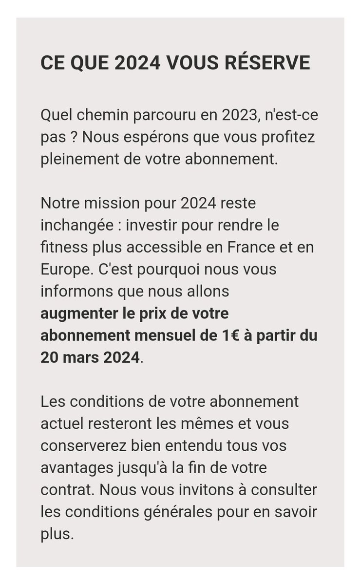 Kurayzeru's tweet photo. @debaerdm @BasicFitFr J'ai été augmenté aussi, pour ma part l'info était cachée assez bas dans un mail reçu le 28/12/2023, avec en objet "Vous avez fait un travail #fittastic [prénom]".

Je trouve ça hyper malhonnête comme façon de procéder, plutôt que d'annoncer ça dans un mail dédié, mais bon 🙄 https://t.co/Yddn8W4I24