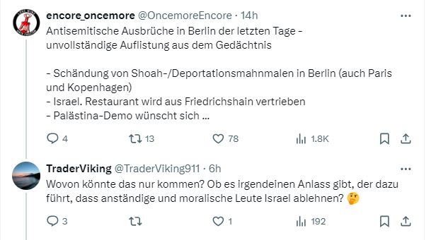 Immer öfter zu sehen: Linke, die nicht 'nur' Israelhass predigen - sondern sogar Angriffe auf Shoah-Gedenken und jüdische Einzelpersonen in Dtland rechtfertigen.

Der antisemitische Untergrund des Antizionismus, der in der Linken in den letzten Jahrzehnten nur selten ... (1/2)