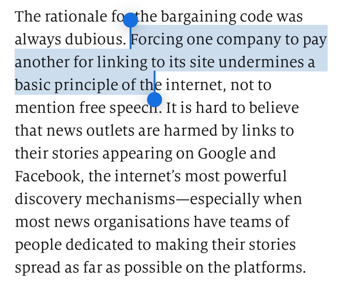 How about with the false claim that newspapers are complaining about linking? The complaint is that social media cos are scraping content and serving up rich snippets that ape the newspapers’ content without compensation.