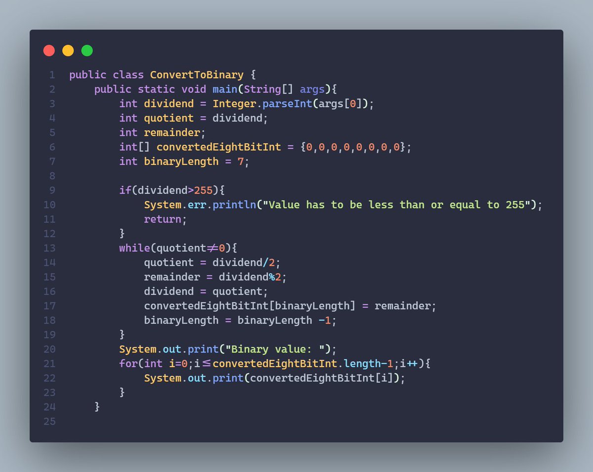 handsome_nyathi's tweet image. How you Java pros tackle this simple program that converts a digit from 0-255 to binary.
#java #programing