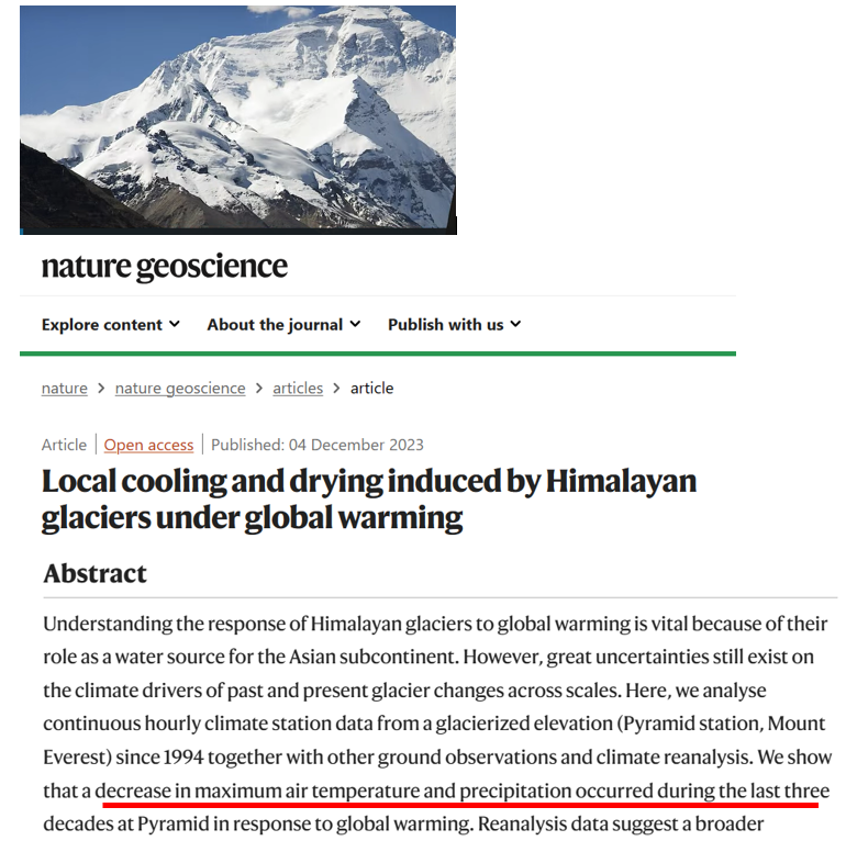 Help. Himalaya gletsjers zijn aan het afkoelen. Die grootste berg en zijn gletsjers vertikken het om op te warmen en luisteren niet nr klimaatalarm crisis voorspellingen. De wetenschappers zeggen wel dat de gemeten afkoeling komt dr 'global warming'. Iets met klimaatgeld fondsen.