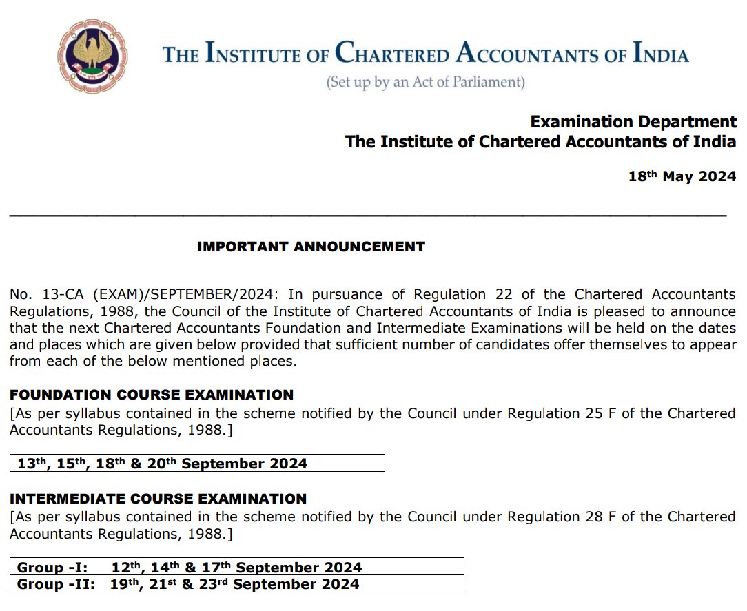 ICAI announced the exam schedule for the CA Foundation and CA Inter exam to be held in September month. #icaiexam #caexam