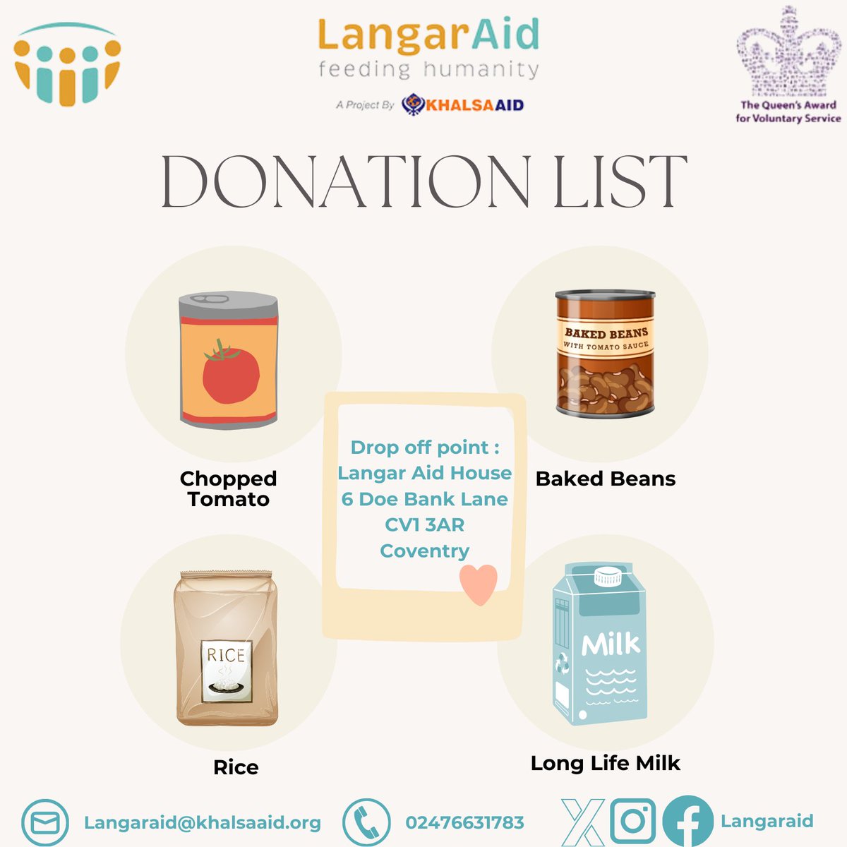 📢We're specifically in need of baked beans, chopped tomatoes, rice, and long-life milk for our food parcels. These items are crucial in ensuring that we can continue supporting those in need. Thank you for your continued support! 💙 #CommunitySupport #KhalsaAid #DonateToday