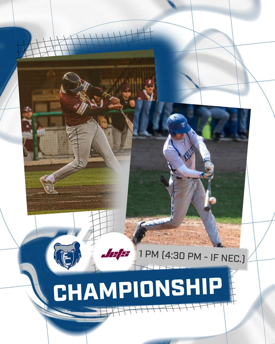 𝗖𝗵𝗮𝗺𝗽𝗶𝗼𝗻𝘀𝗵𝗶𝗽 𝗦𝗮𝘁𝘂𝗿𝗱𝗮𝘆 ⚾️🏆 A spot in the #NJCAABaseball DII World Series is on the line today as @KelloggBruins and @JCJetsAthletics meet in the Region XII DII Championship in Jackson at 1 PM! If nec. game at 4:30 PM. Live Stream web.gc.com/teams/vw57ppnf…