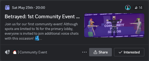 We're so excited that our first community event might be a full lobby! ✨

But that doesn't mean that you shouldn't join, it's a great excuse for our community to get together. 🫂

#IndieGame #BetrayedGame #CommunityEvent