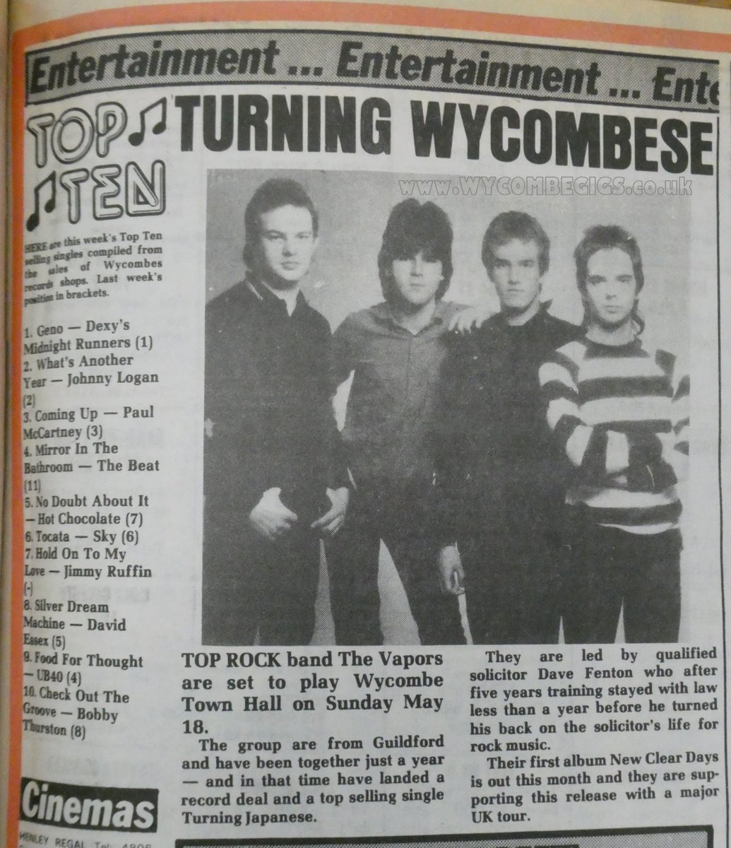 wycombegigs's tweet image. #OTD Sunday 18th May 1980
The Vapors
Town Hall, High Wycombe
Part of tour promoting their debut album ‘New Clear Days’ which included top 10 single ‘Turning Japanese’. Gig was sparsely attended but perhaps due to misspelling of Wycombe on tour advert🤔
&quot;Turning Wycombese&quot; 🙈